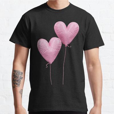 Men Fashion Casual Short Sleeves Two Pink Heart Balloons Black Tees Oversized T-shirts