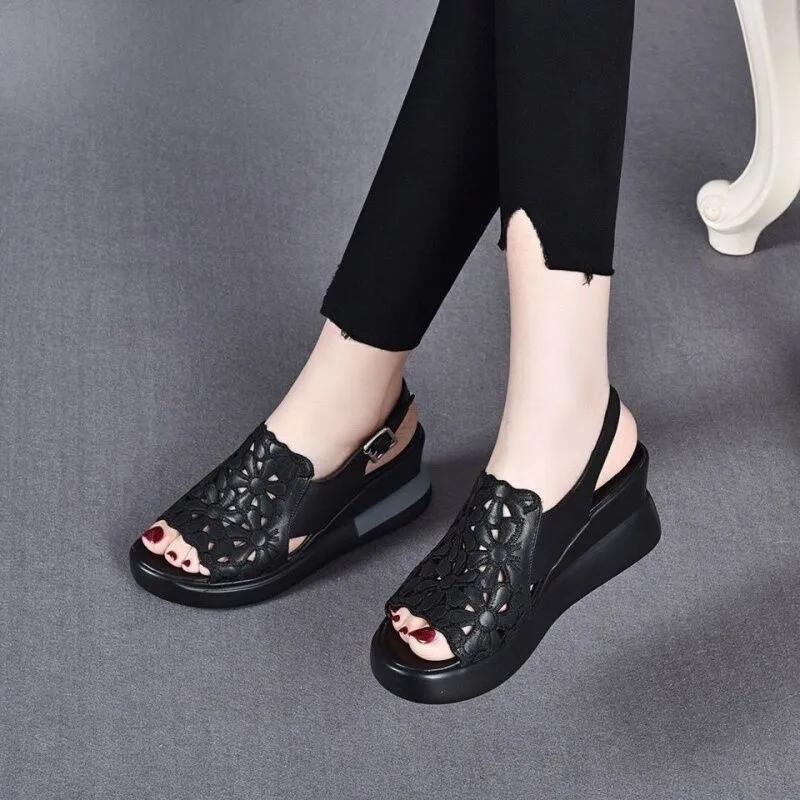 Women’s Sandals Platform Wedge Heel Sandals Leather Sandals Peep Toe Wedges Summer Slippers  Elegant Summer Shoes