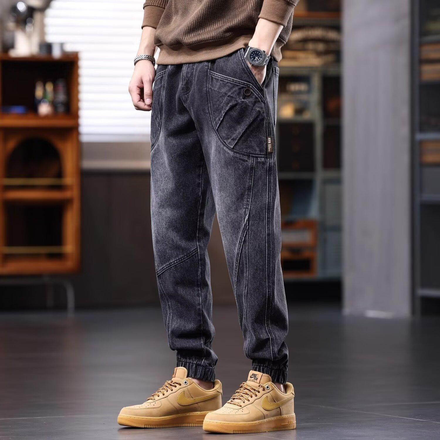 

Мужские джинсы Зима-Осень Американские широкие с манжетами Большого размера 4XL чёрный