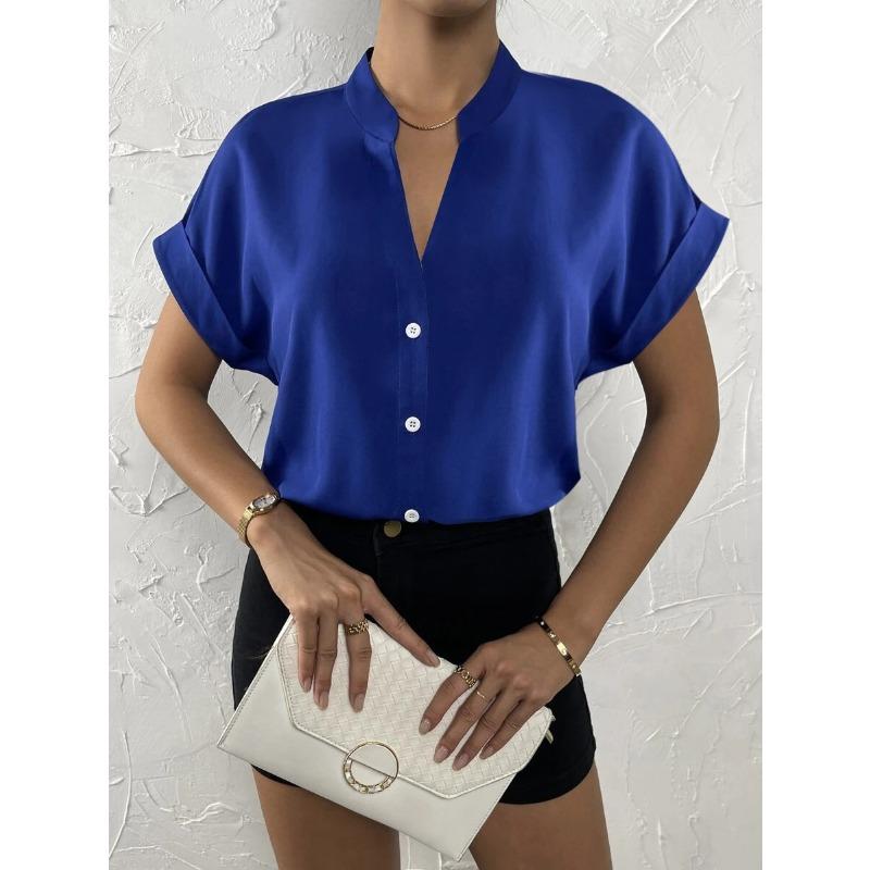 Women's Fashion Casual Solid Color Print Short Sleeve V Neck Blouses & Shirts