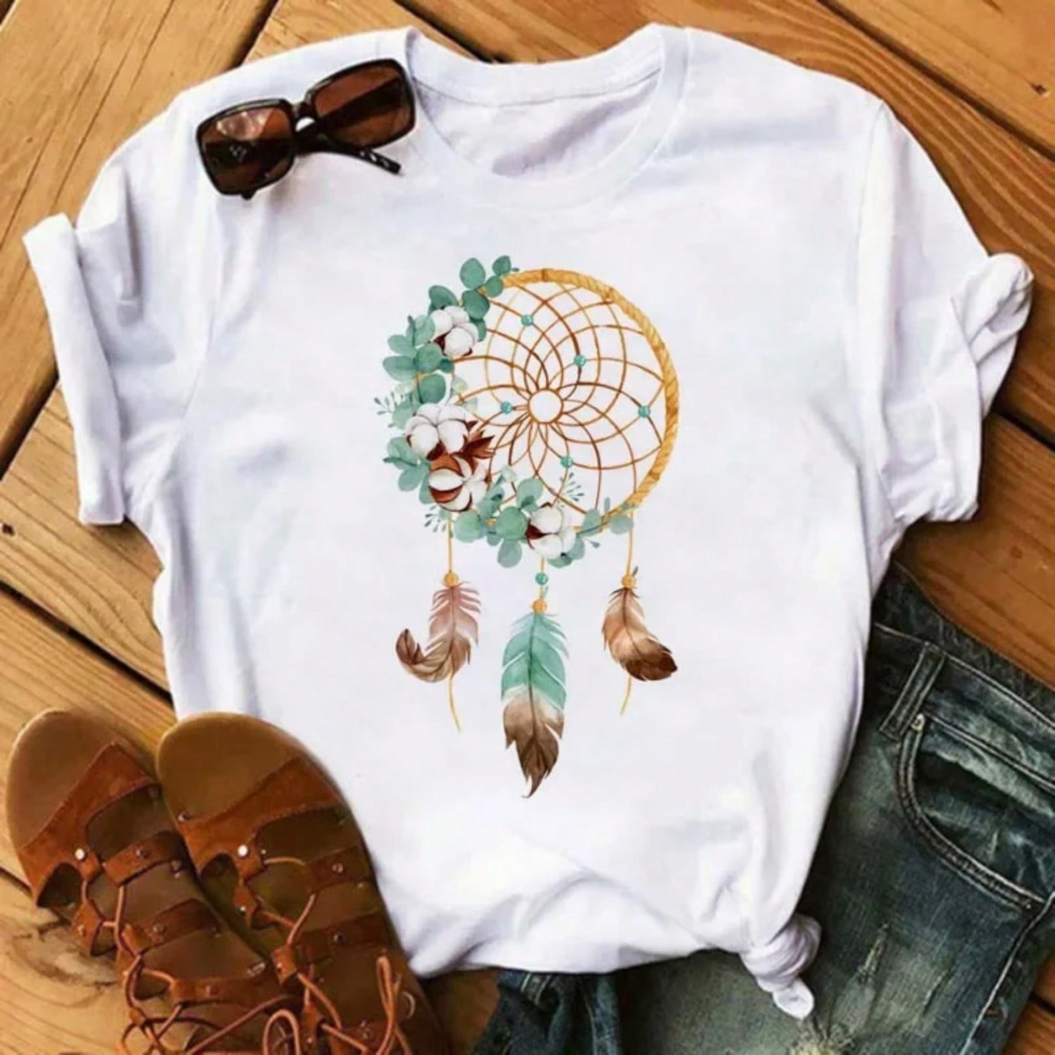Fashion Feather Dreamcatcher T Shirt unisex Harajuku Graphic Tees Shirt Femme Dream Catcher unisex s T-Shirt Clothes Tops S разноцветный
