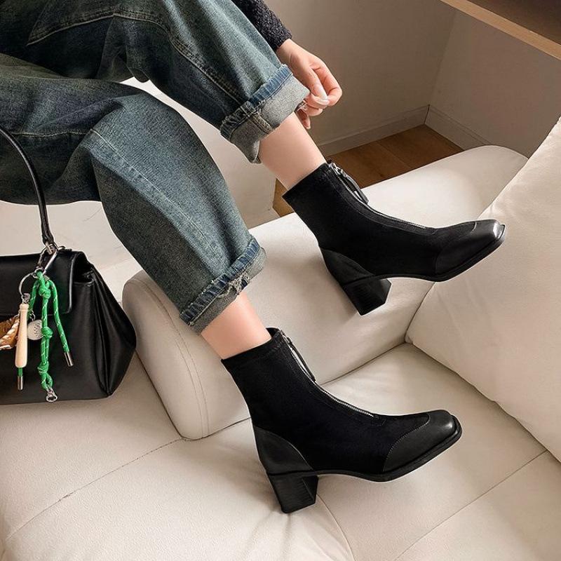 New Women's Round Head Martin Boots Zipper Solid Color Large Size Boots Rubber Soft Sole Casual Women's Leather Boots Low Boots