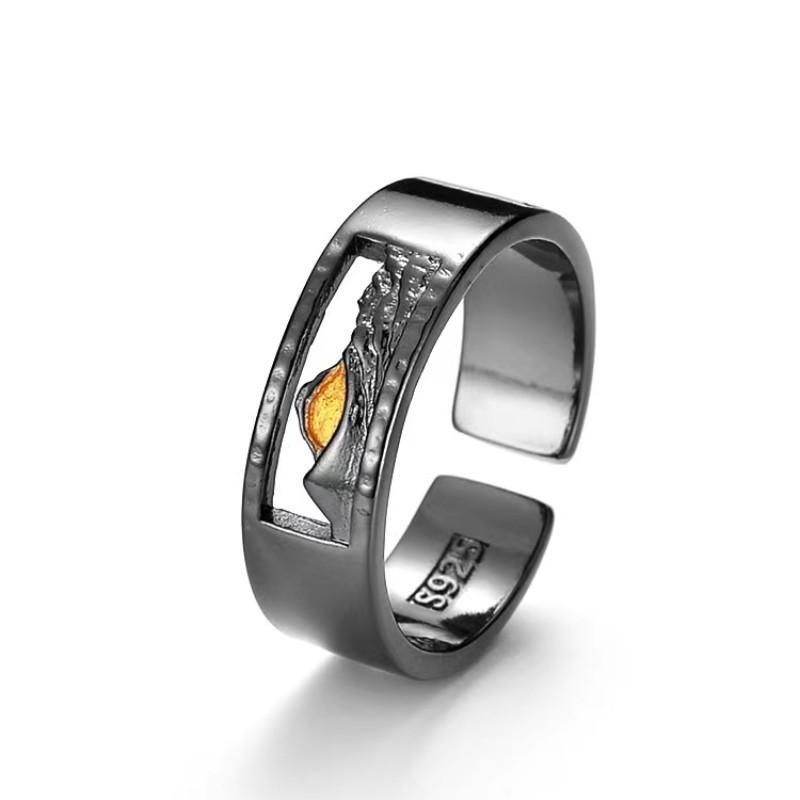 Adjustable Open Ring Men Women Geometric Mountain Design Minimalist Vintage Style Copper Plated