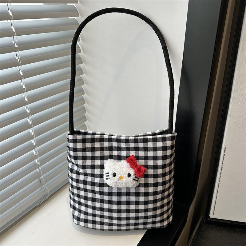 

Милая повседневная симпатичная клетчатая повседневная литературного стиля сумка-ведро тоут легкая на плечо подмышку женская сумка no pendant чёрный