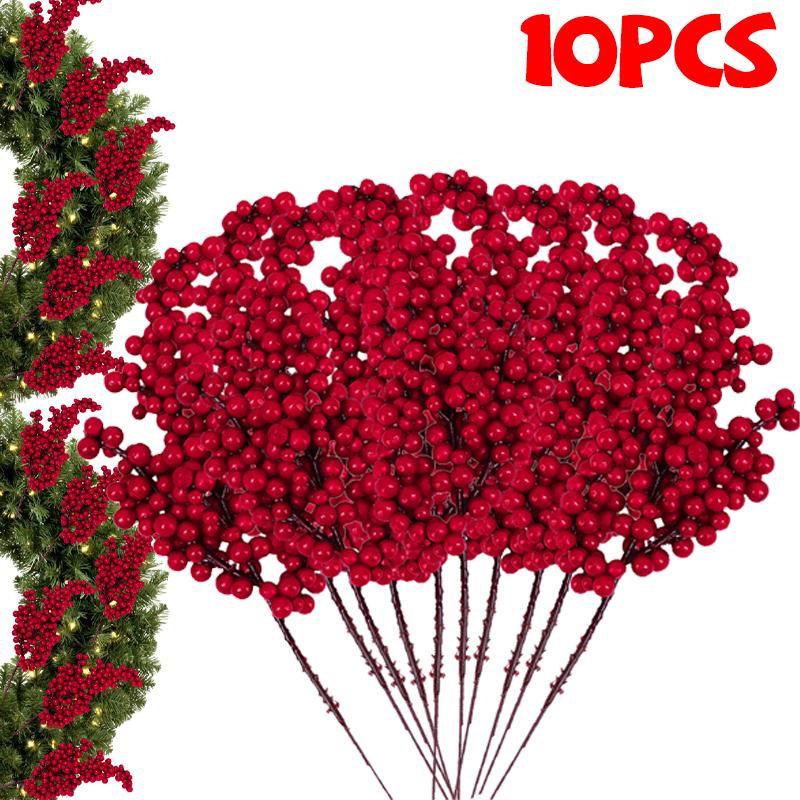 60/1Pcs Christmas Red Berries DIY Holiday Wreaths Xmas Tree Decoration Festive Ornament Displays Artificial Red Berries Stems