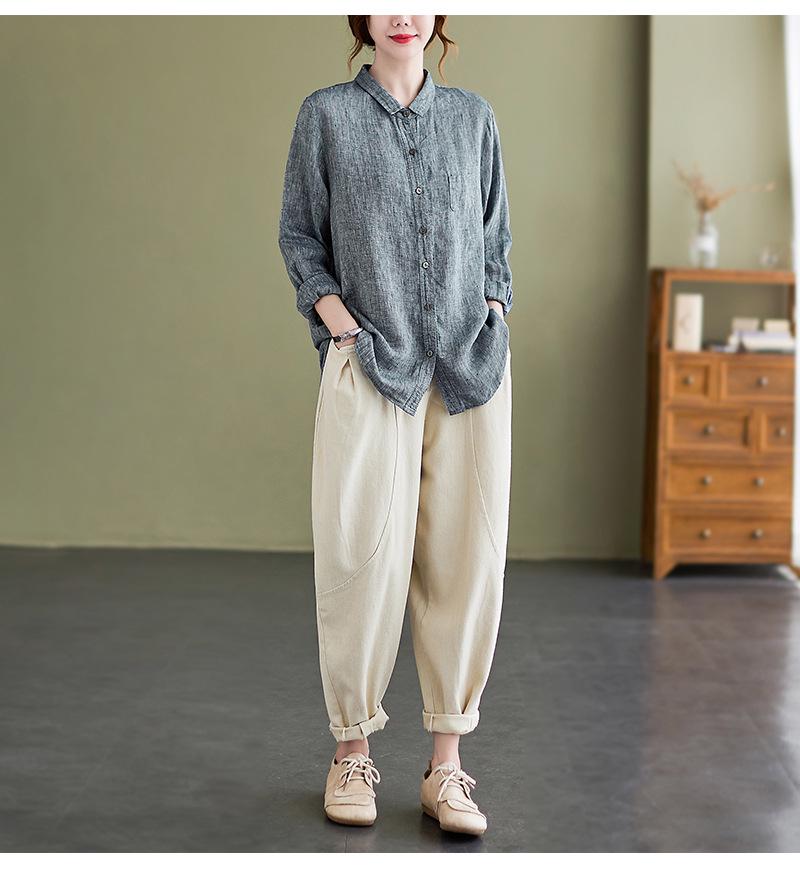 2026 Spring Retro Loose Fit Cotton Linen Lapel Shirt - Women's Plus Size, Long Sleeve