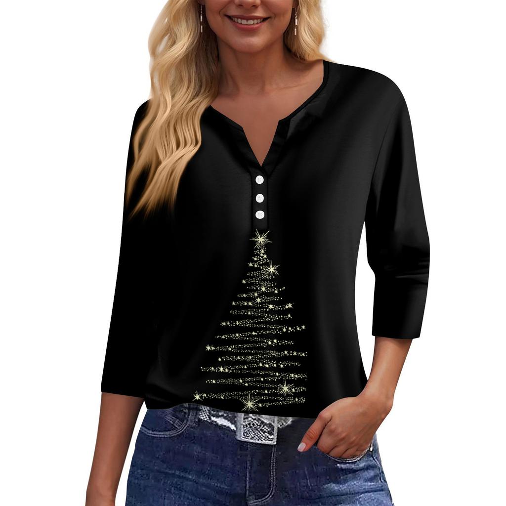 Γυναικείο μπλουζάκι μπλουζάκι με τύπωμα κουμπιού μανίκι 3/4 Καθημερινή μόδα για Σαββατοκύριακο Basic V-λαιμόκοψη κανονικό μπλουζάκι