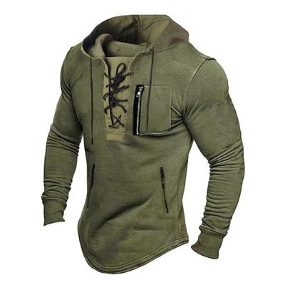 Men Fall Spring Top Lace Up Drawstring Solid Color Long Sleeve Zipper Pockets Pullover Streetwear Soft Breathale Men Mid Length Hoodie