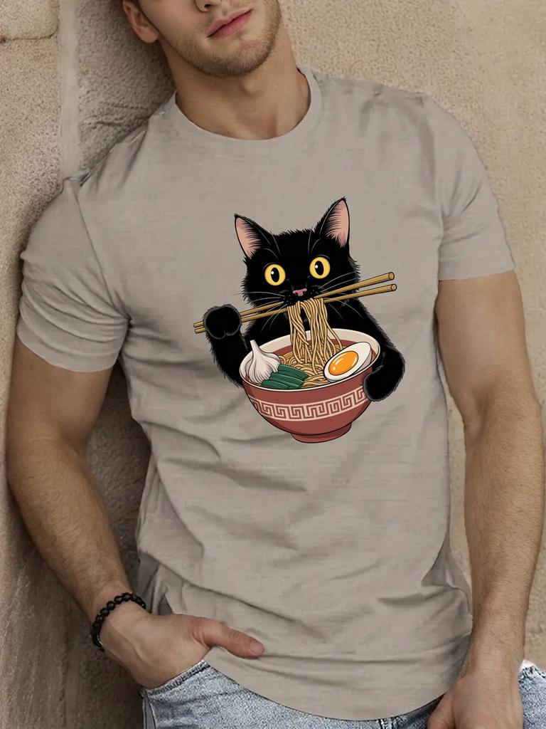 Black cat with ramen Mens Short Sleeve Tshirt Summer Tshirt Top