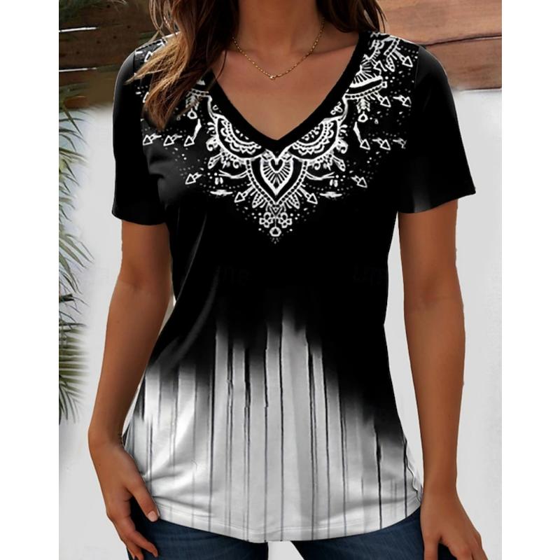 Harajuku Wind Ladies V-neck T-shirt Summer Outdoor Casual Short Sleeve Tops Retro Street Flower Print OverSize Women's Clothing