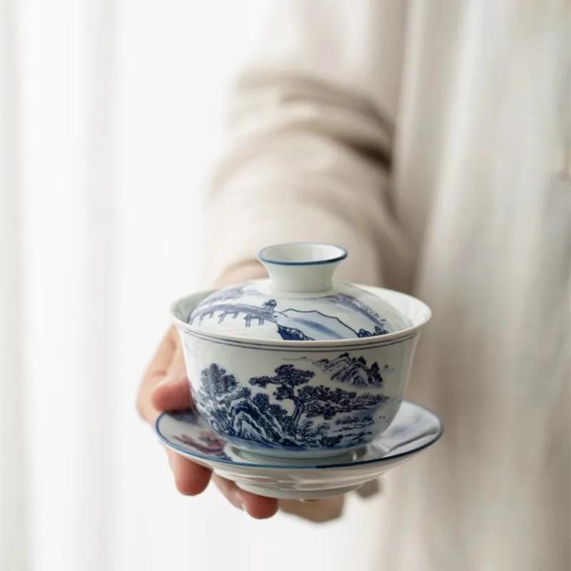 Blau-Weißes Porzellan Sancai Schüssel mit Deckel, Einzelne Teeschale mit Deckel, Hitzebeständiges Kung Fu Tee Set, Haushalts Keramik Teekanne