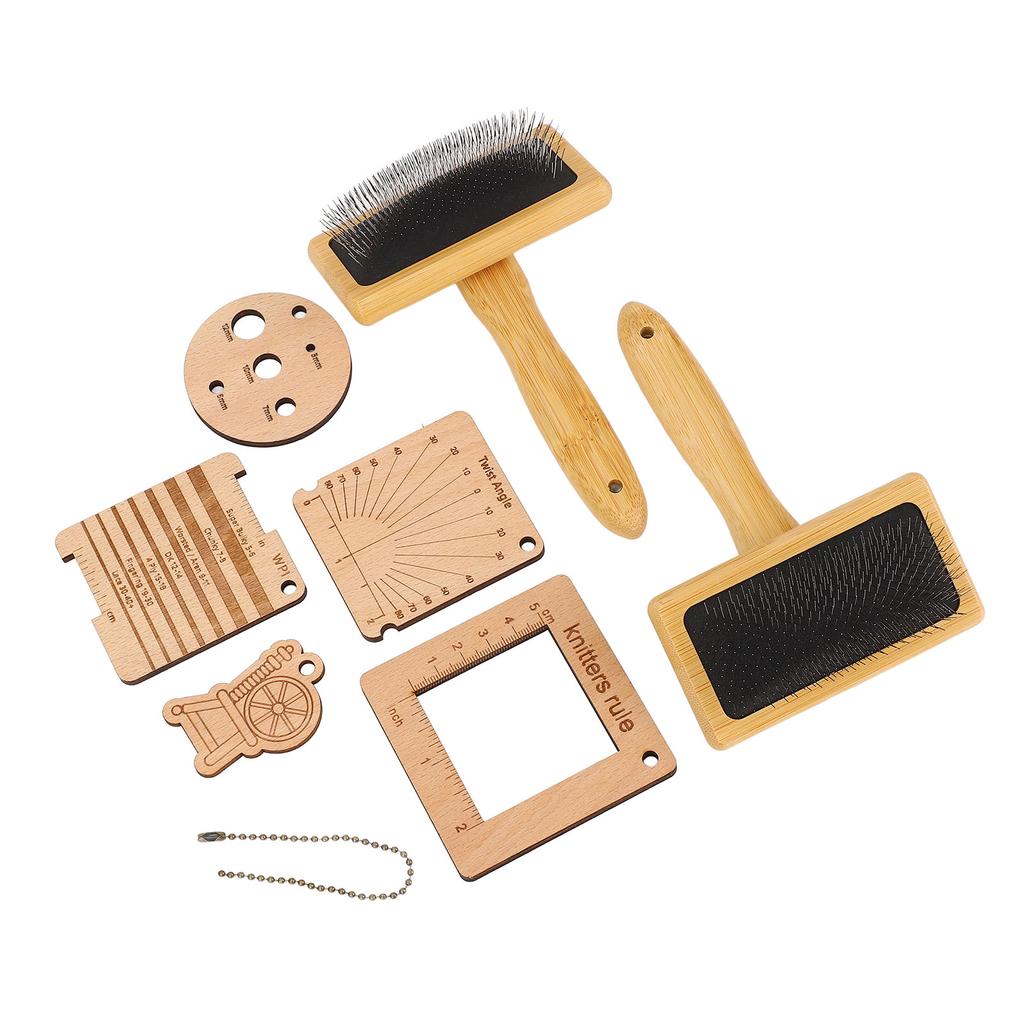 8PCS Set Wooden Knitting Gauge Wool Brush Set Wool Felting Brush and Knitting Measure Tool Kit