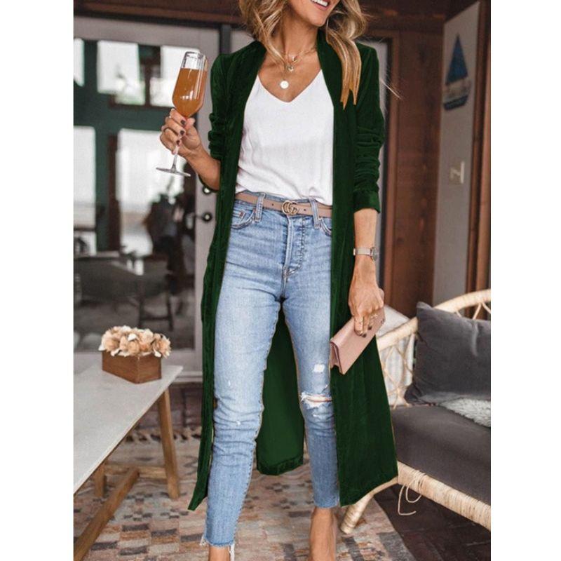 Fashion Loose Gold Velvet Stretch Mid Length Trench Coat
