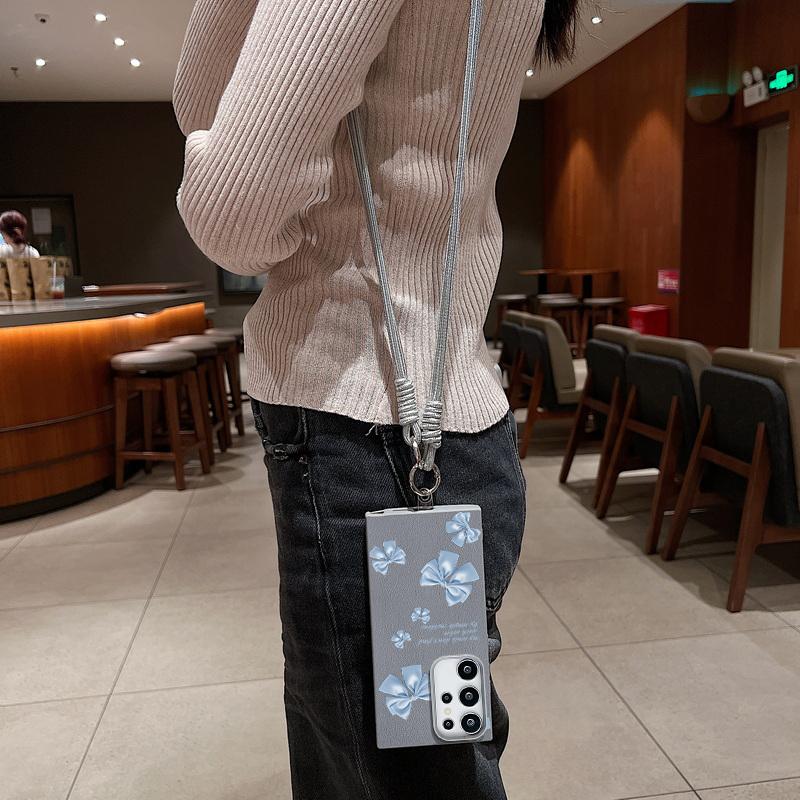 Bowknot Print Leather Texture Slim Matte Case For Samsung S25 Ultra S24 FE S23 A16 A56 A55 A36 A15 A35 Lanyard Rope Shockproof TPU Soft Phone Cover