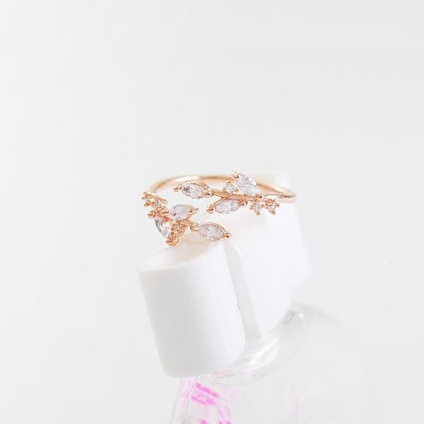 Green Leaf Zircon Open Ring - Trendy Korean & Japanese Style Jewelry