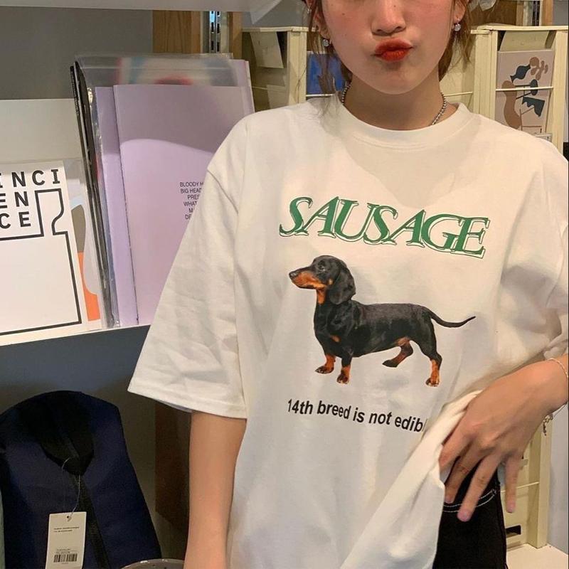 Kawaii Sausage Dog Print T Shirt Women Oversized Korean Fashion Streetwear Tops Cute Funny TShirts Y2k Aesthetic Tees Clothes