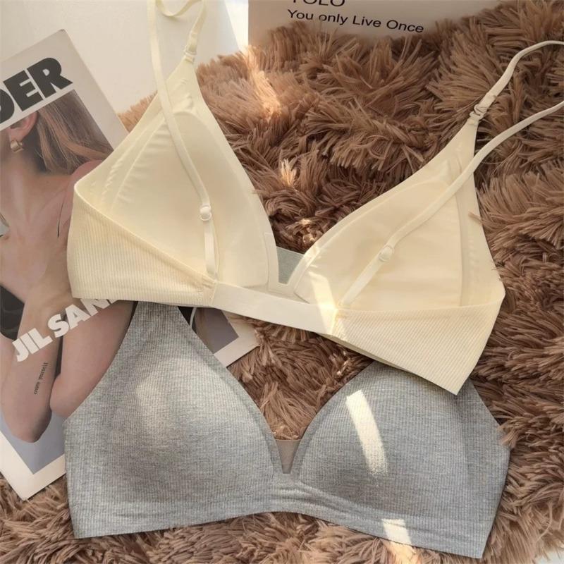 Women Thin Strap Deep V Backless Wireless Gathering Triangle Cup Bra