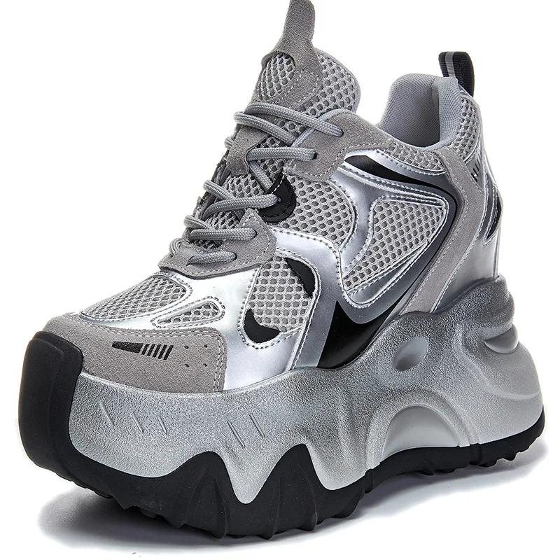Fashion 12cm Air Mesh Microfiber Synthetic Chunky Sneakers Spring Shoes Leather Ankle Booties Women Vulcanize Boots Autumn