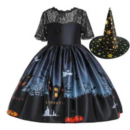 Kids' Halloween Witch Cosplay Cartoon Print Dress