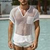 Men Short Sleeve Mesh See Through Hollow Beach T-shirts Tops