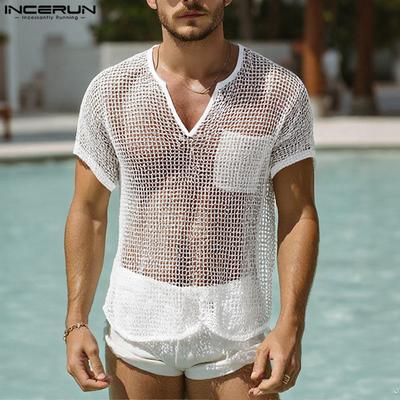 Camisetas de Manga Curta Transparentes de Malha Vazada para Homens