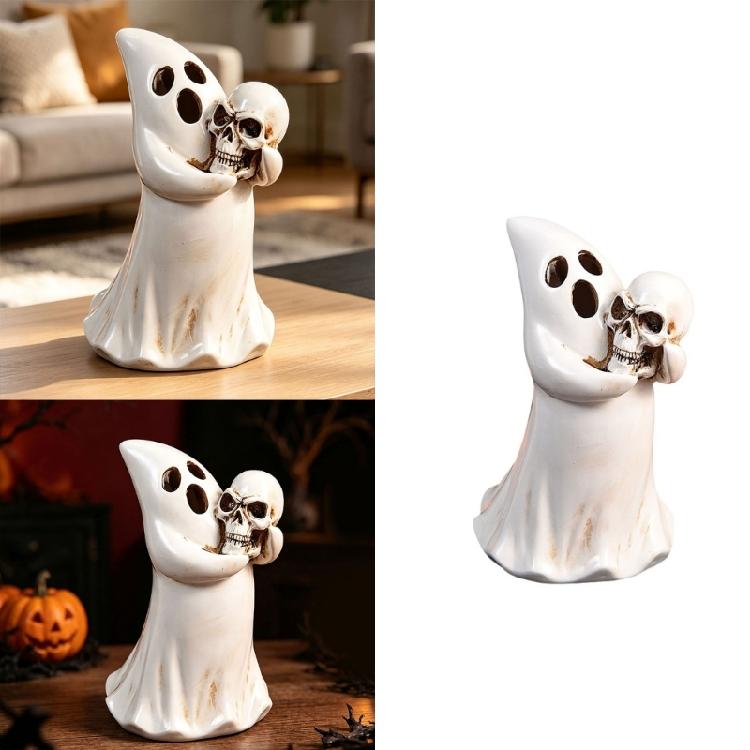 Eerie Halloween Figurine Depicting a Spirit Cradling a Skull, White Decoration with Antiqued Brown Features for Parties and Bar Displays