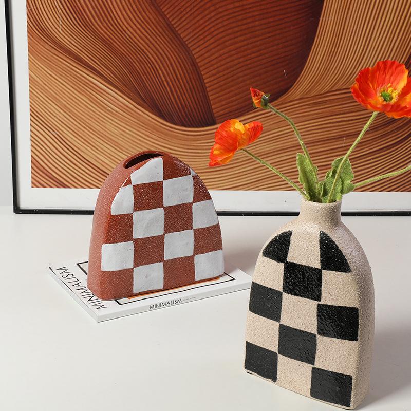 Frosted Ceramic Vase Geometric Check Pattern Flower Vase Flower Arrangement Accessories Coarse Pottery Pot Home Decoration