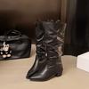 Pleated Thick Heels Boots Women 2025 Autumn Pointed Toe Pu Leather Mid Calf Boots Woman Gothic Slip on Designer Shoes