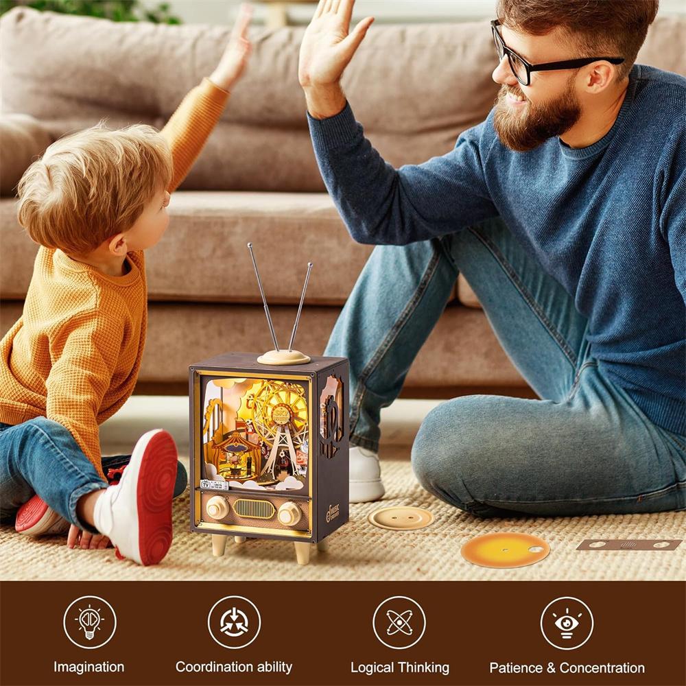 Robotime Wooden Music Box 3D Puzzles DIY Model Kits  Book Nook DIY Night Light  for Men Women Hobby Sunset Amusement Park