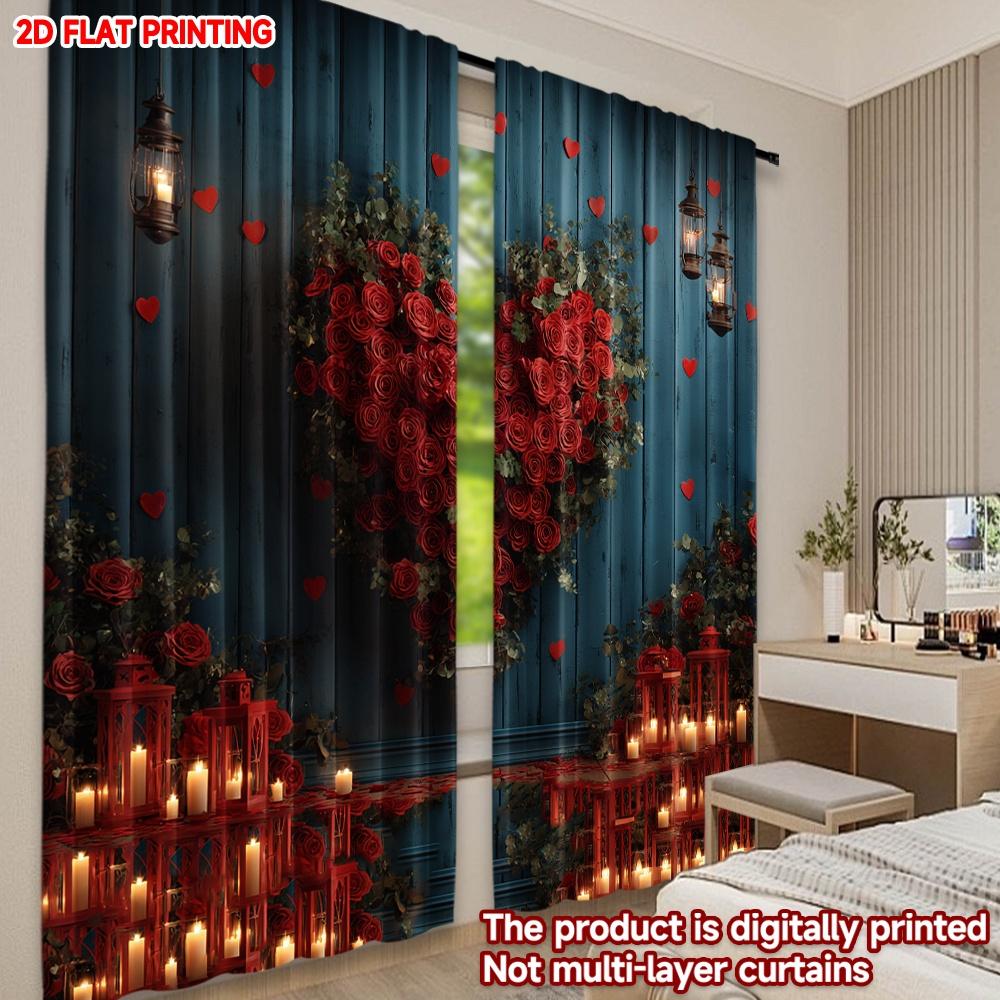 Set Of 2 Flat Printing Happy Valentine Day Window Curtains Valentines Rose He Digital Printed Polyester Drapes Family Party Curtain