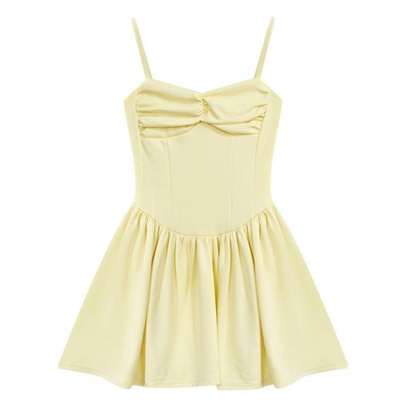 

Yellow suspender dress female summer dopamine hottie sexy small waist princess tutu birthday dress S жёлтый