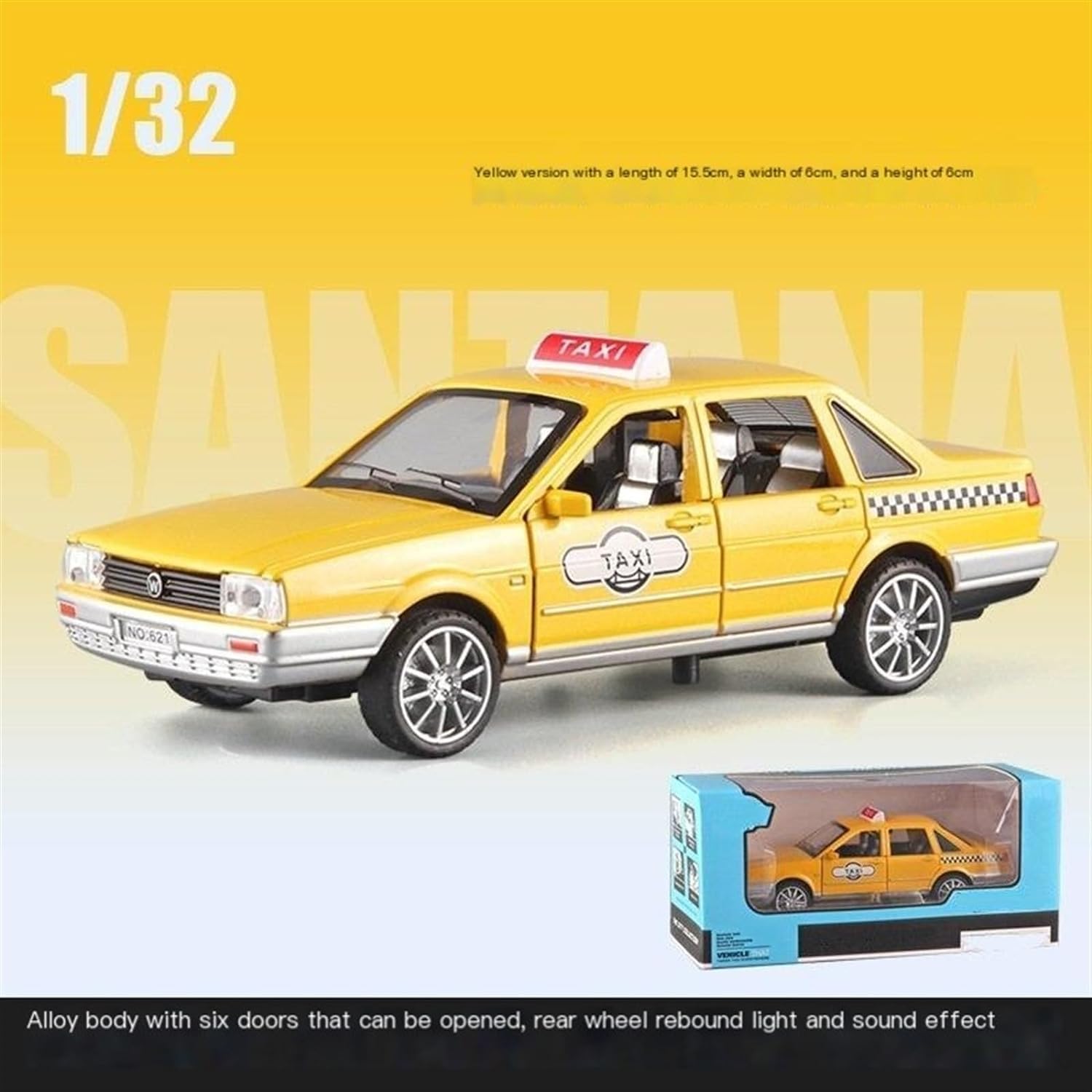 

1/32 литой автомобиль для такси Santana, модель автомобиля из сплава, световой звуковой эффект, игрушка с откатом для детей, подарки 1/32-Size:15.5*6*6cm жёлтый