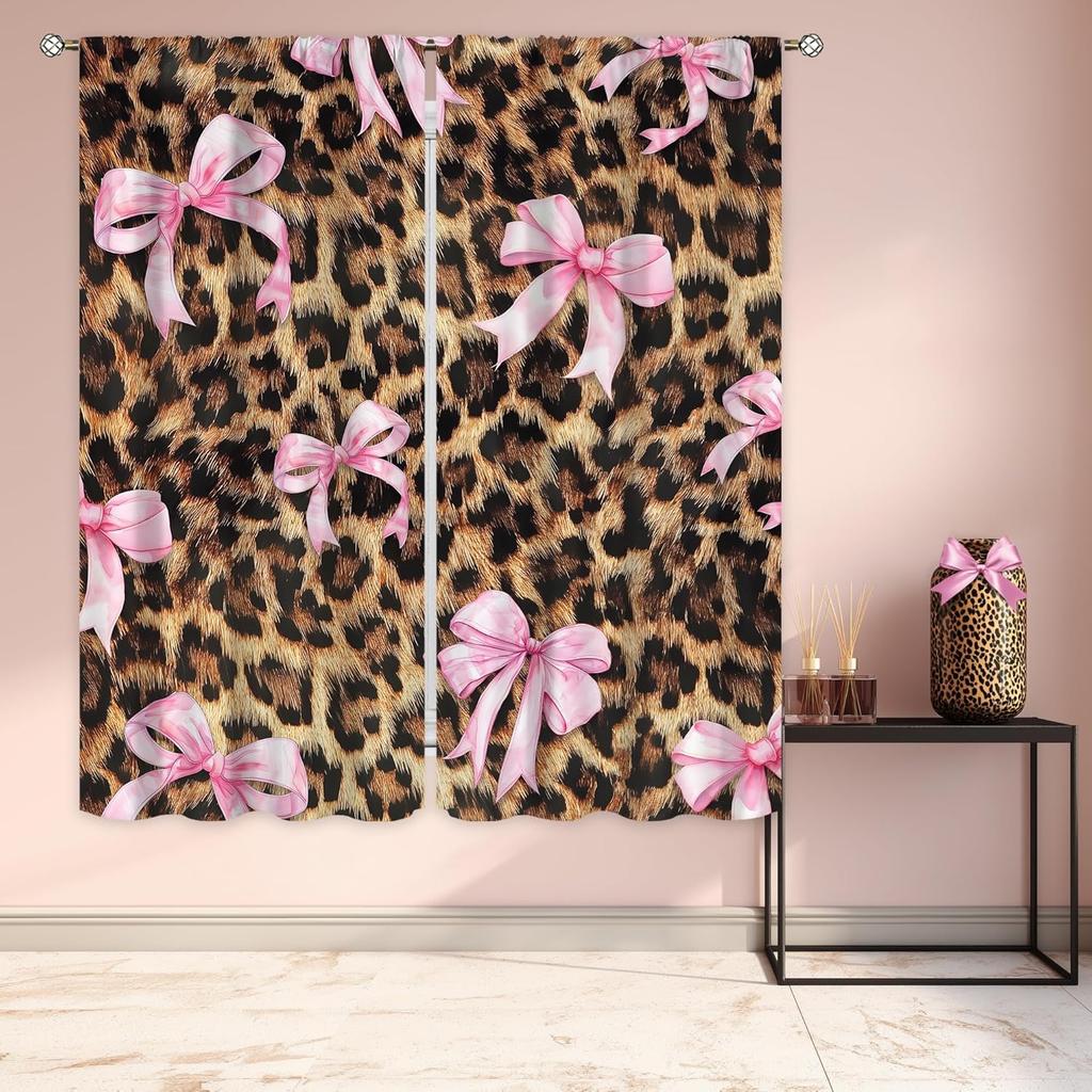 Modern Pink Bow Leopard Print Curtains Preppy Girly Cheetah Cute Pretty Sweet Girls Art Printed Retro Fashion Curtain Polyester With Rod Pocket