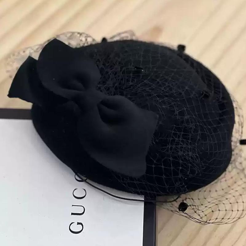 Black Stewardess Hat French Temperament Mesh Lace Woolen Hat British Berets For Women