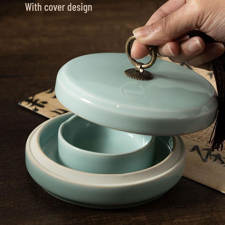 Ru Kiln Celadon Inkstone: Double Circle Inkwell with Lid, Anti-Dry Calligraphy Ink Dish, Antique Ink Box.