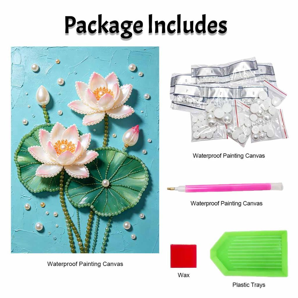 Pearl Painting Art Handmade Pink White Lotus Flower Lily Pad Pond Water Garden Floral Wall Decor DIY Pearl Decoration Painting