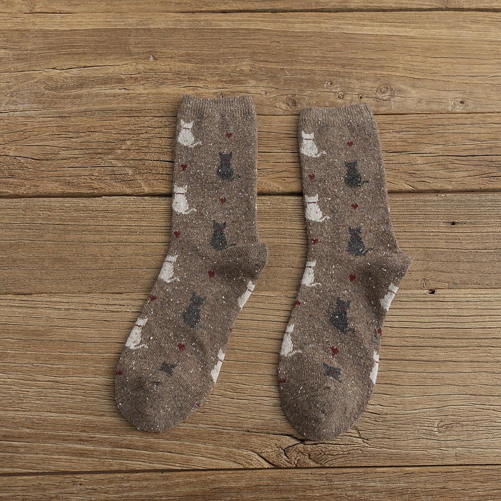 Women Socks Autumn And Winter Thicken Wool Middle Tube Socks Cute Cartoon Cat Printing Japanese College Style Loose Stockings