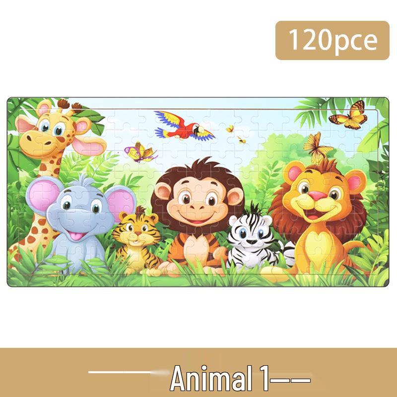 Wooden Animal Cartoon Jigsaw Puzzle Board - 30, 60, 98, 120-piece Toy for Early Childhood Education