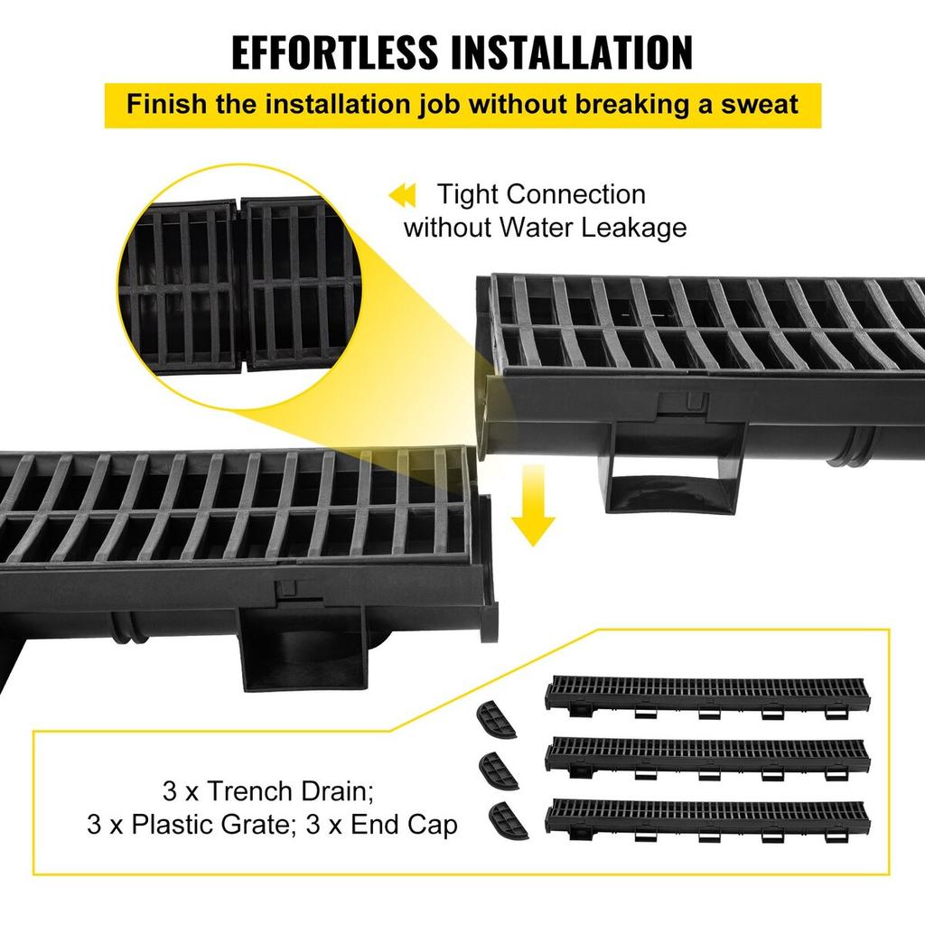 Trench Drain System, Channel Drain with Plastic Grate, 145x79MM HDPE Drainage Trench, Black Plastic Garage Floor Drain, 3x39 Trench Drain Grate, with