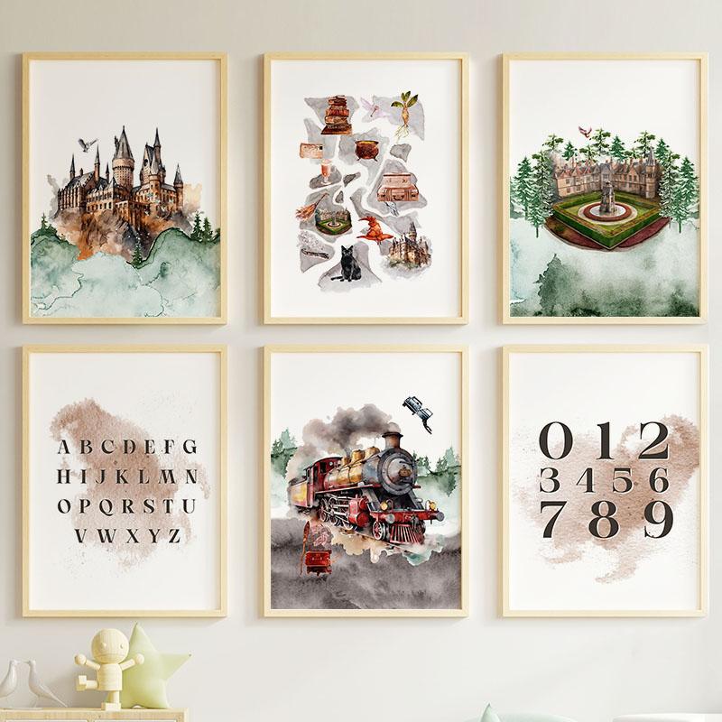 Постер в винтажном стиле H-Hogwarts, вдохновленный волшебником, сова, волшебная школа, замок, поезд, холст, настенное искусство для детской, декор для дома