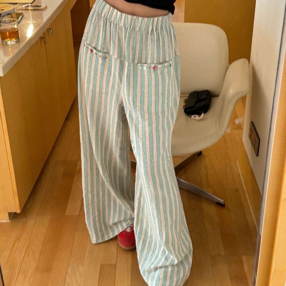 Loose Wide Leg Pants Chic Straight Leg Pants Sweet Casual Stripe Long Pants  Women