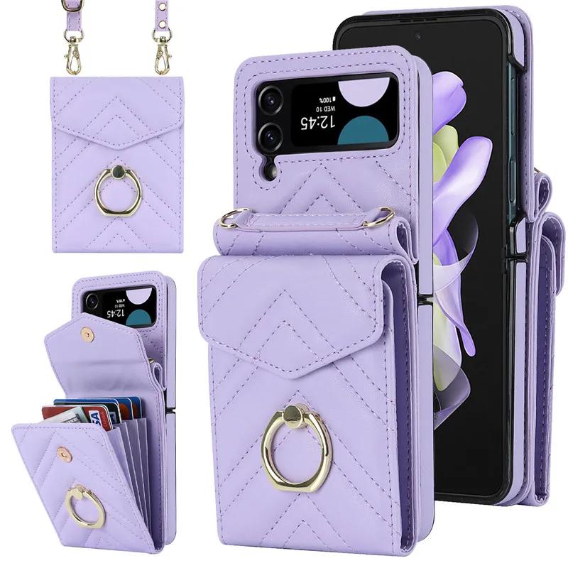 Lanyard Leather Wallet Card Phone Case for Samsung Galaxy Z Flip 7 6 5 4 3 Flip6 Flip5 Flip4 Flip3 Crossbody Ring Holder Cover