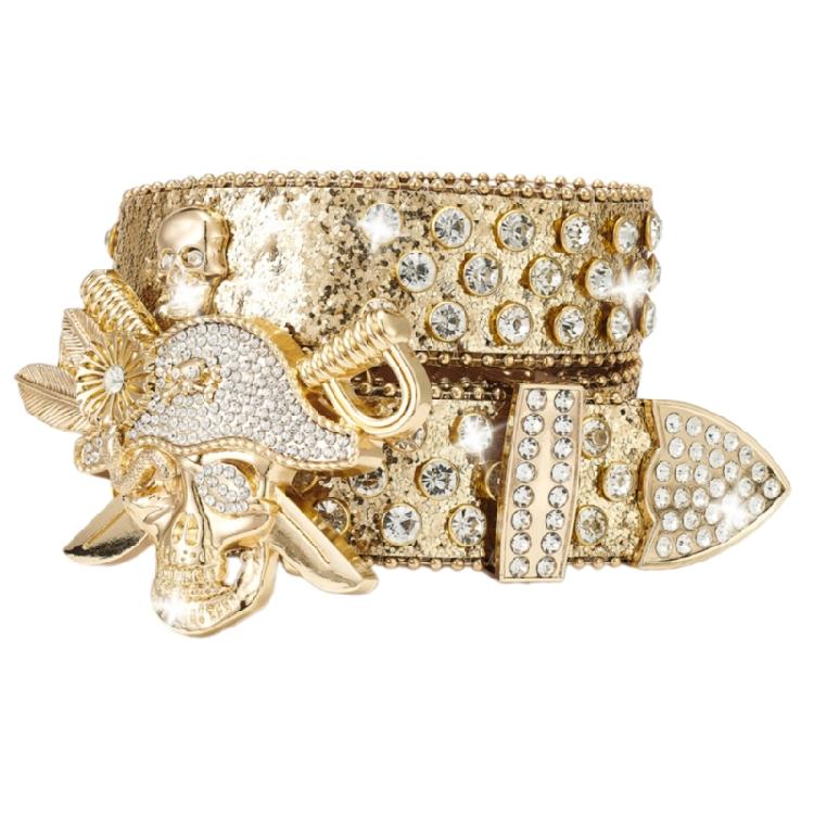 Popular Rhinestones Studded Skull Buckle Belt for Adult Sequined Belt All Matching Western Belt Glittering Belt for Daily
