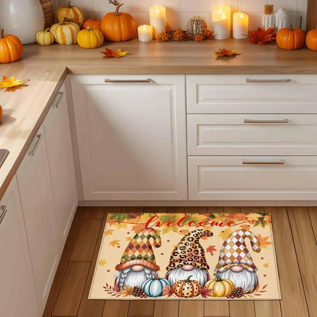 Thanksgiving Gnome Welcome Mat, Autumn Pumpkin Design Non-Slip Indoor/Outdoor Doormat, Bedroom Entrance Rug, Home Decor