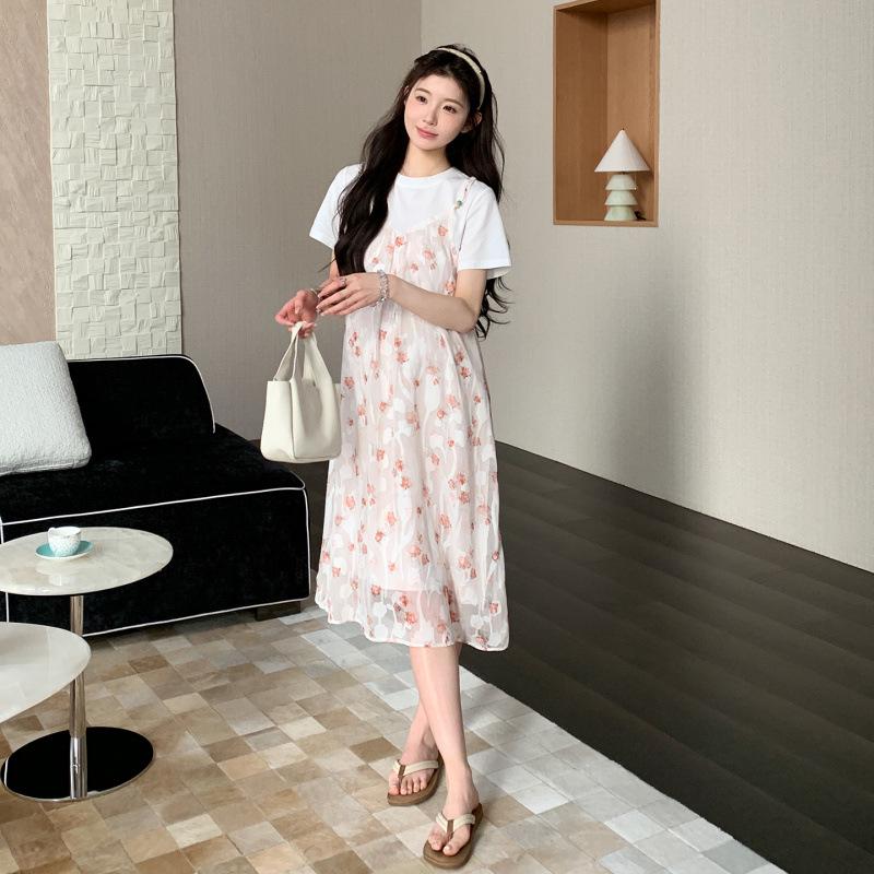2026 Summer Korean Floral Print Two-Piece Maternity Dress Large