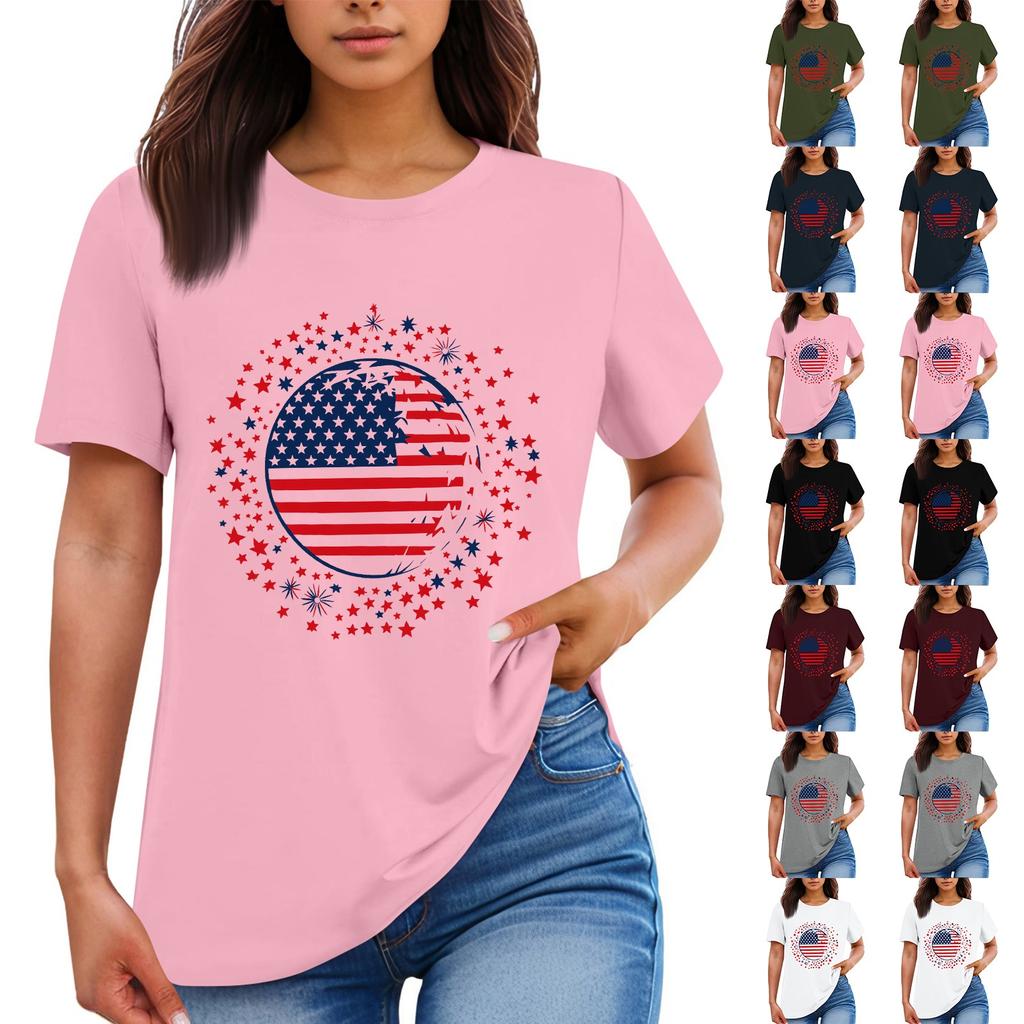 Women's Round Neck Casual Independence Day Printed Short Sleeve T-Shirt Top