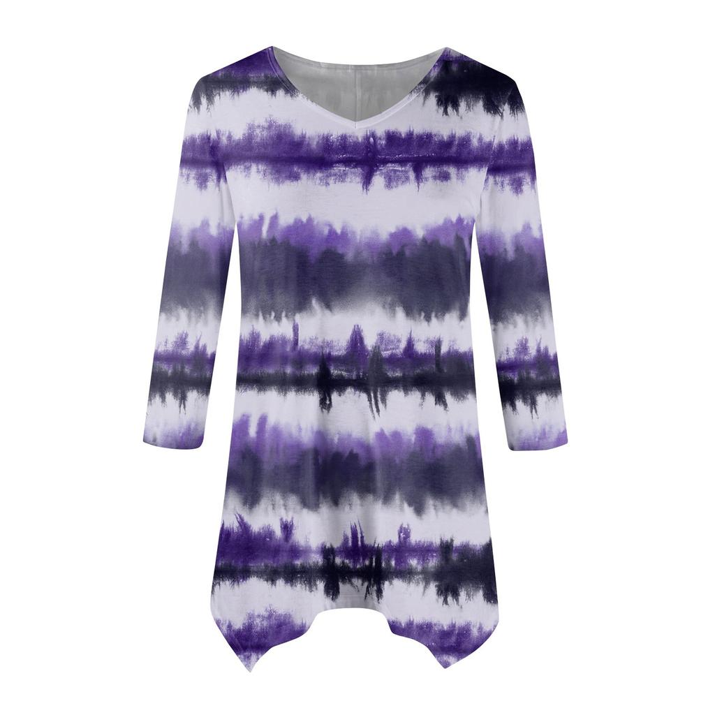 Women's Fashion Casual V-neck Striped Printed Seven-point Sleeve Shirt Belted Loose Comfortable Top