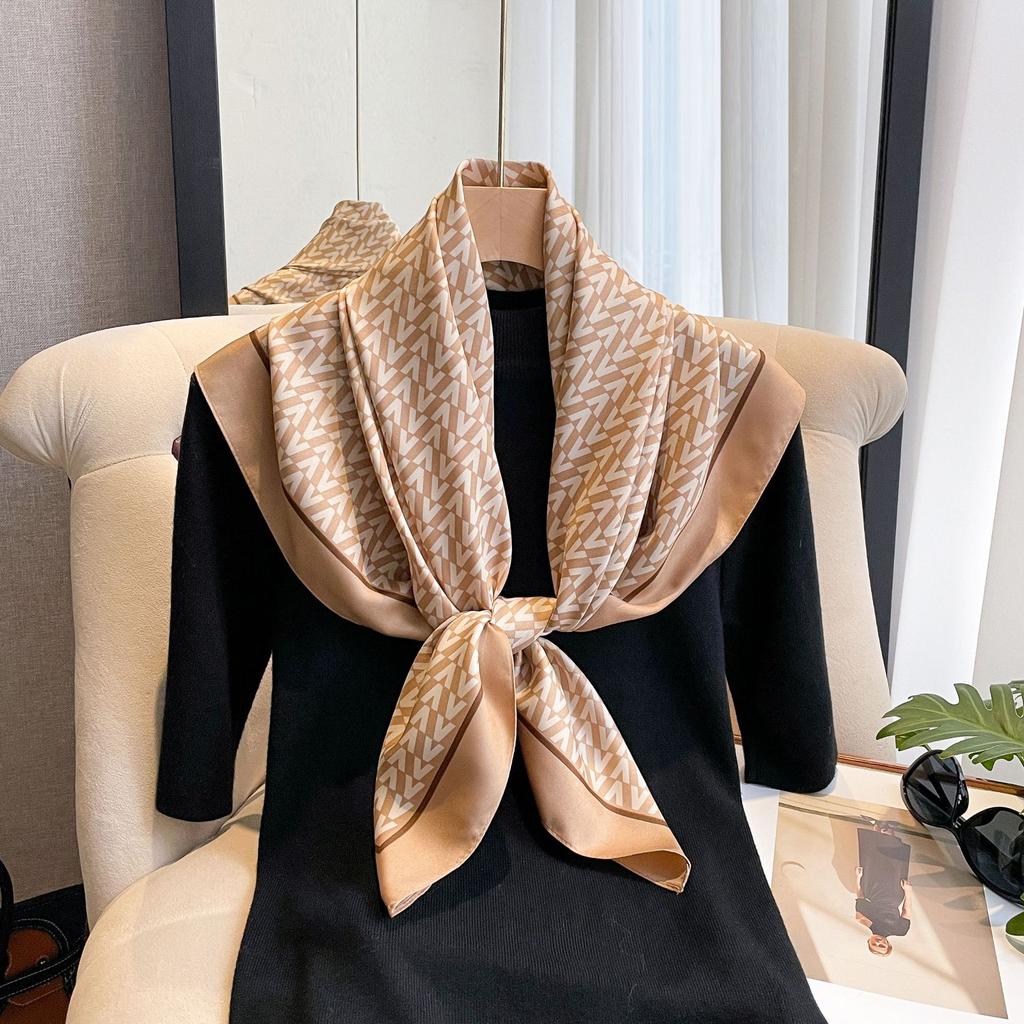 Letter Diagonal Silk Pattern 90 Square Scarf Printed Imitation Silk Fashionable Versatile Shawl Outer Headscarf Scarf