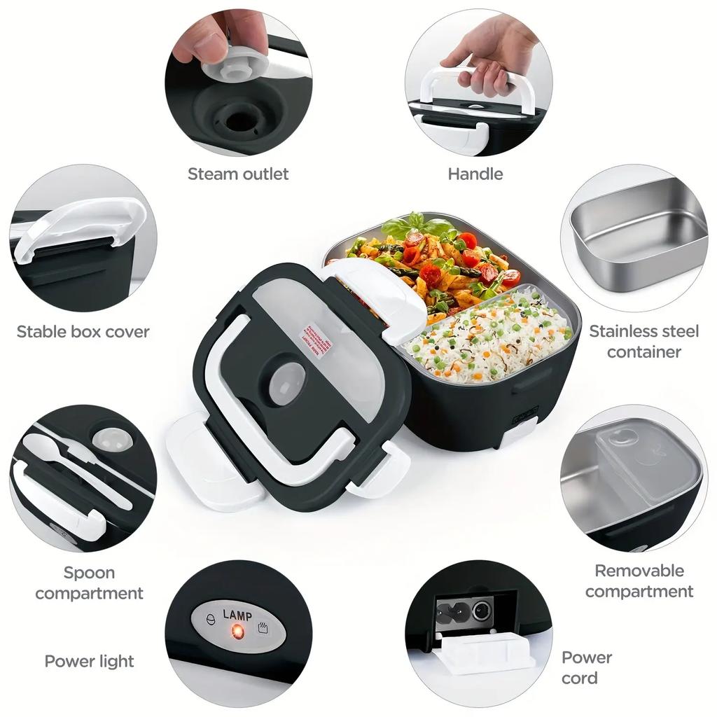 Elektrische Lunchbox: 12V/24V/110V Tragbarer Speisenwärmer mit 1,5L Auslaufsicherem Edelstahlbehälter & Isolierter Tasche für Auto/Zuhause