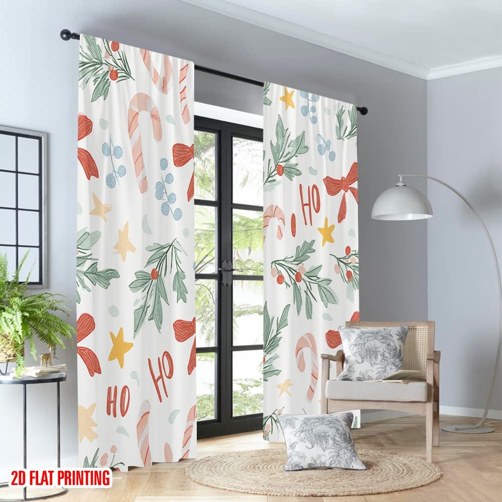 Set Of 2 Flat Printing Happy Christmas Party Curtains Mistletoe Candy Cane Ho Digital Printed Polyester Drapes Holiday Curtain